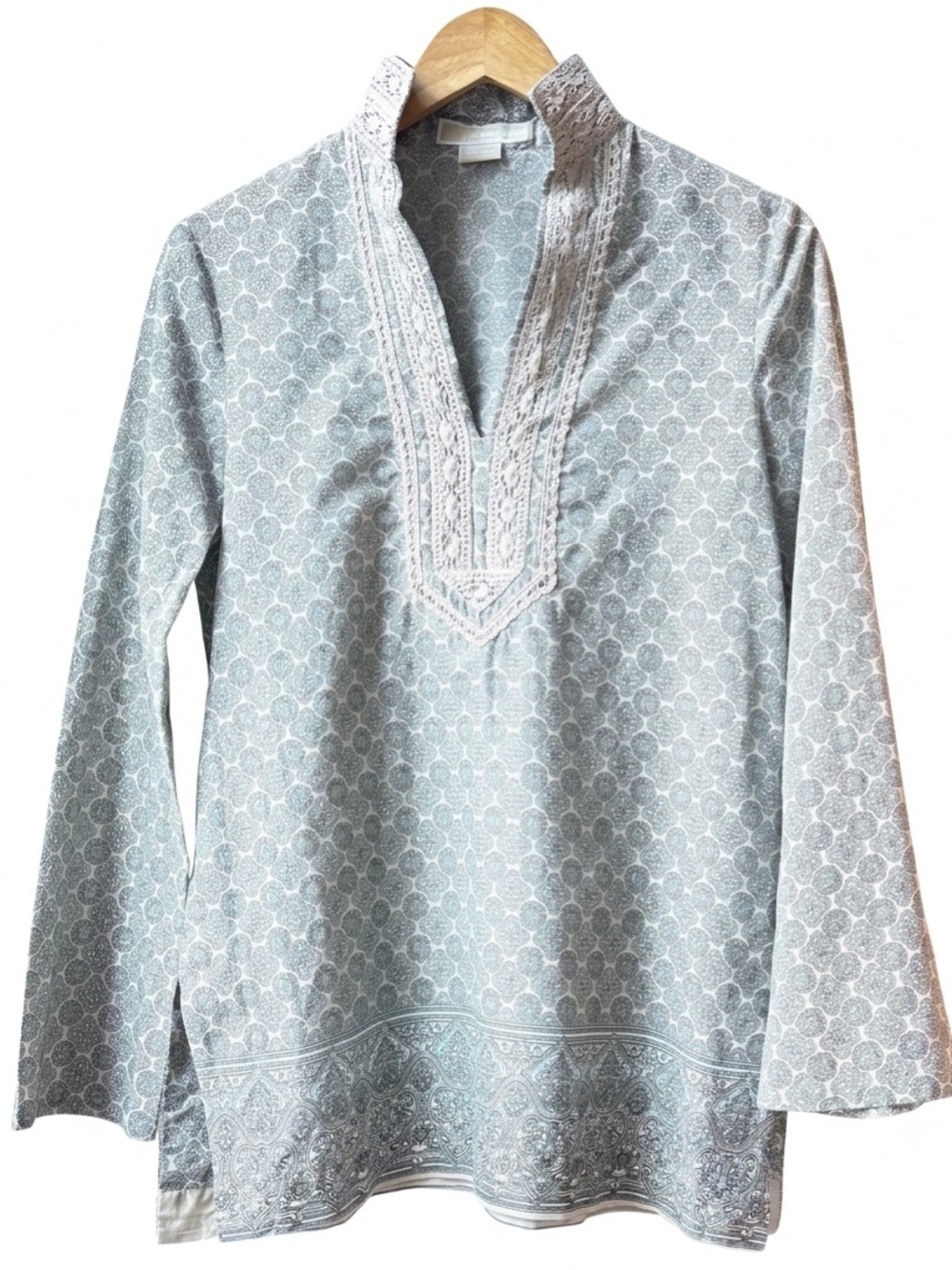 Michael Kors Cotton Tunic Top S Boho Medallion Print Lace Bib Long Sleeve